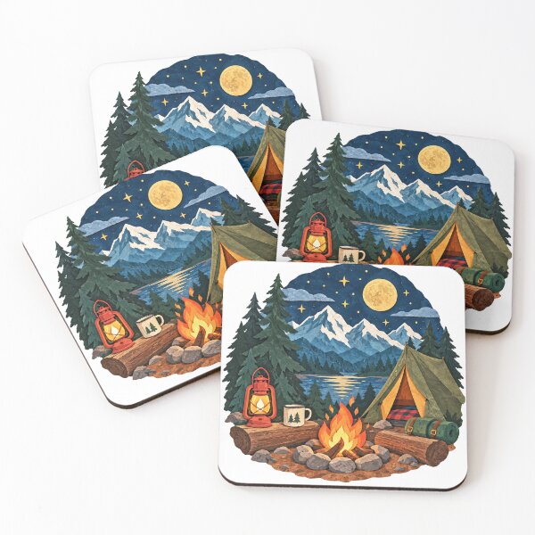 Item preview, Camping campfire by a mountain lake under a full moon designed and sold by LongIslandDesgn.