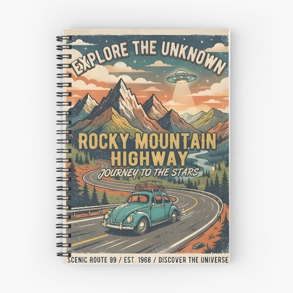Item preview, Rocky Mountain Highway Retro UFO Travel Poster Vintage Sci-Fi Road Trip Art designed and sold by MCV-Designs.