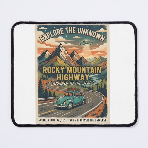 Item preview, Rocky Mountain Highway Retro UFO Travel Poster Vintage Sci-Fi Road Trip Art designed and sold by MCV-Designs.