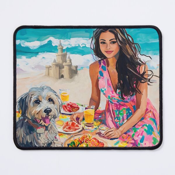 Item preview, Picnic at the Sandcastle, woman and dog beach art designed and sold by SophieClimaArt.