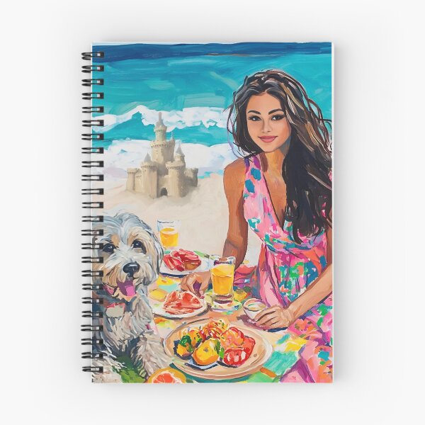 Item preview, Picnic at the Sandcastle, woman and dog beach art designed and sold by SophieClimaArt.