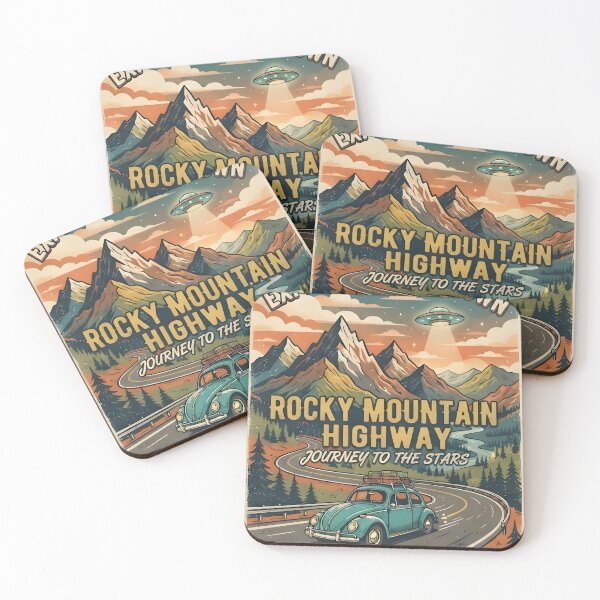Item preview, Rocky Mountain Highway Retro UFO Travel Poster Vintage Sci-Fi Road Trip Art designed and sold by MCV-Designs.