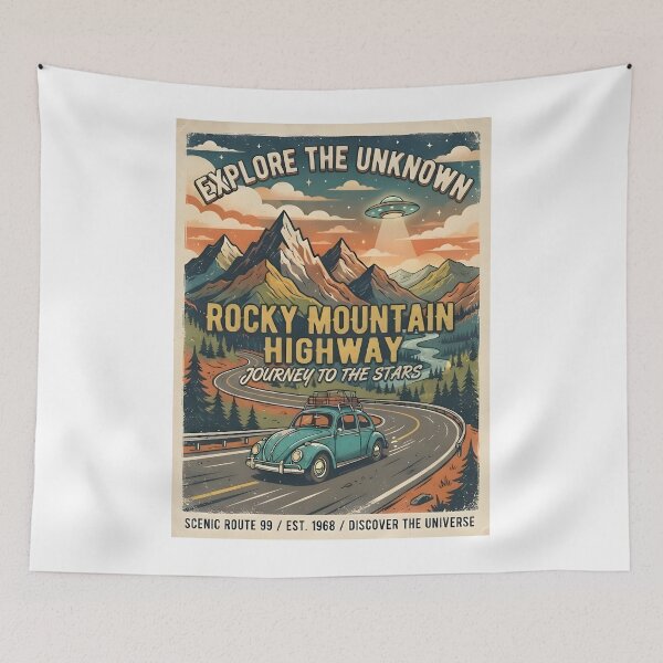 Item preview, Rocky Mountain Highway Retro UFO Travel Poster Vintage Sci-Fi Road Trip Art designed and sold by MCV-Designs.