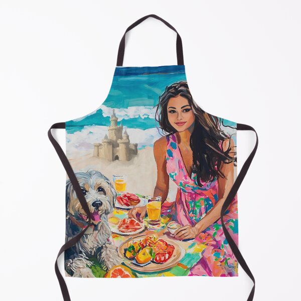 Item preview, Picnic at the Sandcastle, woman and dog beach art designed and sold by SophieClimaArt.
