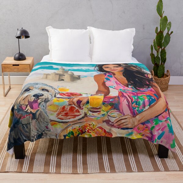 Item preview, Picnic at the Sandcastle, woman and dog beach art designed and sold by SophieClimaArt.