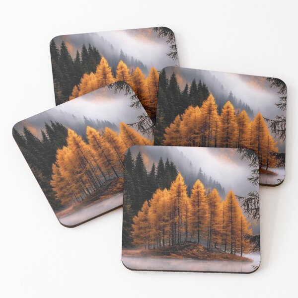 Item preview, Golden Autumn Larch Trees Mountain Lake Foggy Reflection designed and sold by LYAN-STORE.