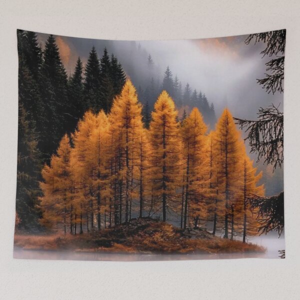 Item preview, Golden Autumn Larch Trees Mountain Lake Foggy Reflection designed and sold by LYAN-STORE.