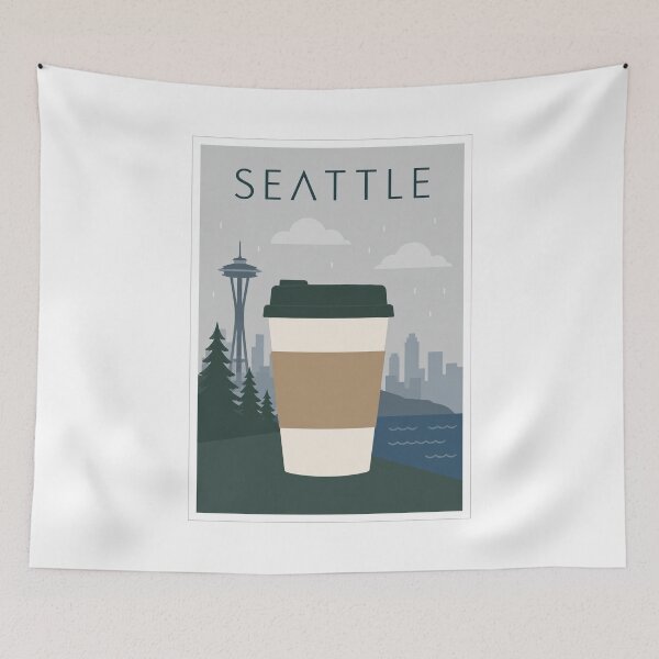 Item preview, Seattle Coffee Cup Rainy Travel Poster designed and sold by Beyond Destinations.