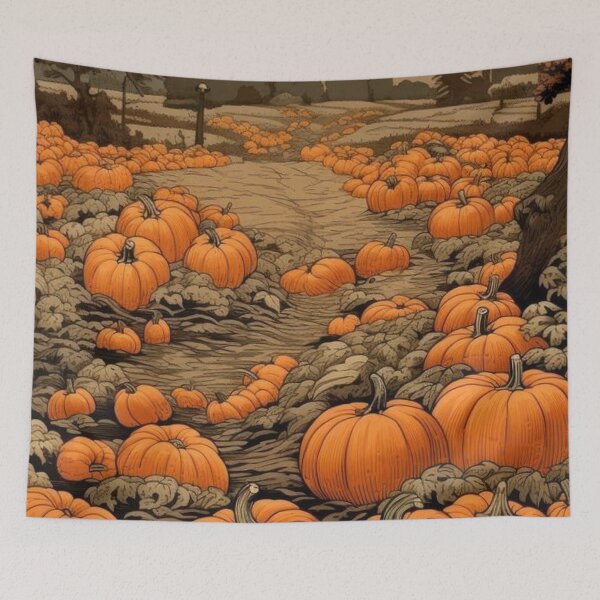 Item preview, Vintage Pumpkin Patch Field Harvest Landscape — Autumn Thanksgiving Art Print designed and sold by LYAN-STORE.