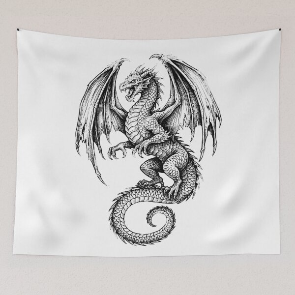 Item preview, Skull-Horned Dragon - Rearing Bold Wing Ink Illustration designed and sold by DragonSerpent Ink.