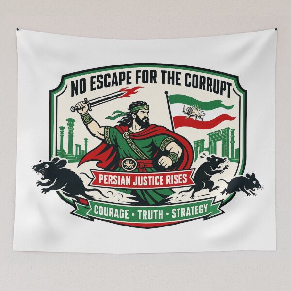 Item preview, No Escape for the Corrupt — Persian Justice Rises Retro Badge designed and sold by Art&Fun.