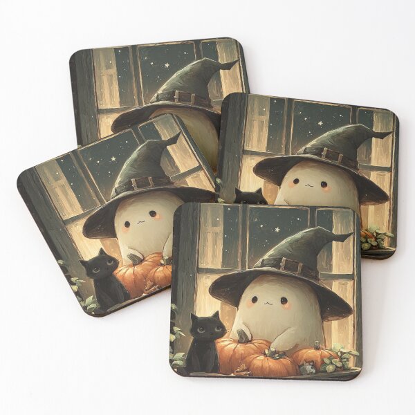 Item preview, Cute Ghost Witch in Hat with Black Cat and Pumpkins — Whimsical Cozy Halloween Art designed and sold by LYAN-STORE.