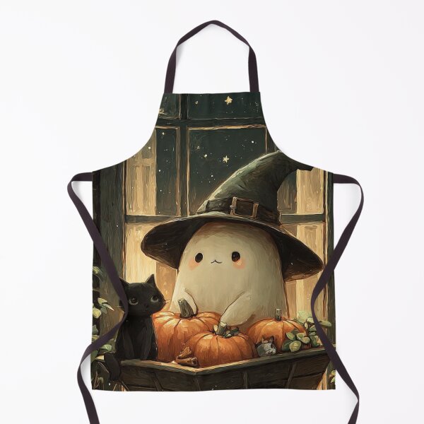 Item preview, Cute Ghost Witch in Hat with Black Cat and Pumpkins — Whimsical Cozy Halloween Art designed and sold by LYAN-STORE.