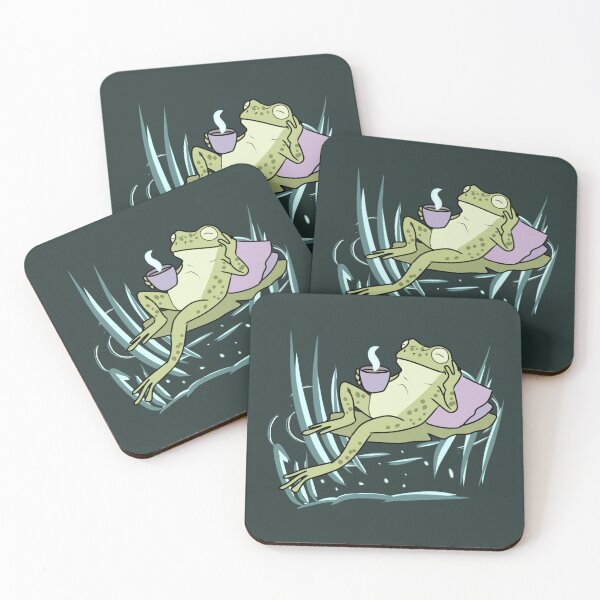 Item preview, Frog Drinking Coffee Cozy Cottagecore Illustration Relaxing in Pond  designed and sold by LeshanArt.