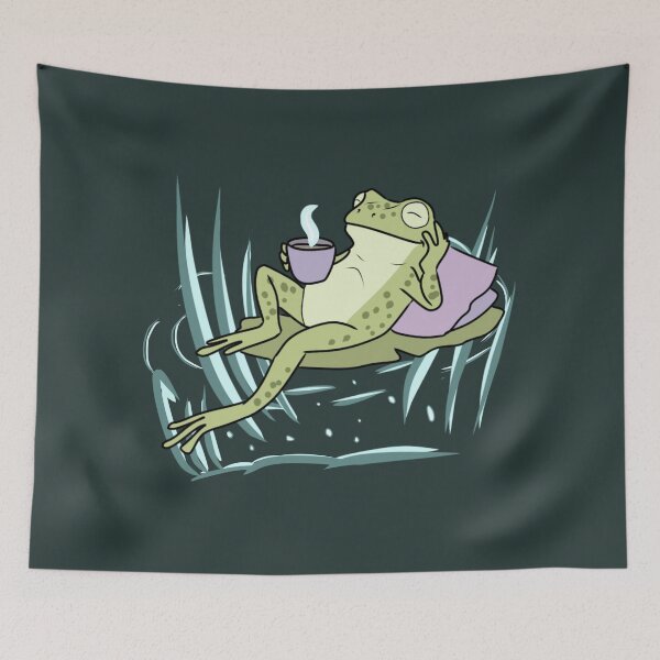 Item preview, Frog Drinking Coffee Cozy Cottagecore Illustration Relaxing in Pond  designed and sold by LeshanArt.