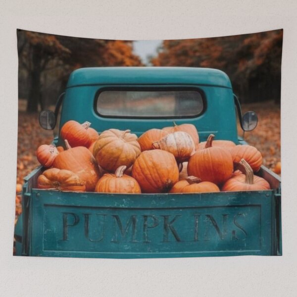 Item preview, Vintage Blue Pickup Truck with Harvest Pumpkins — Autumn Fall Landscape designed and sold by LYAN-STORE.