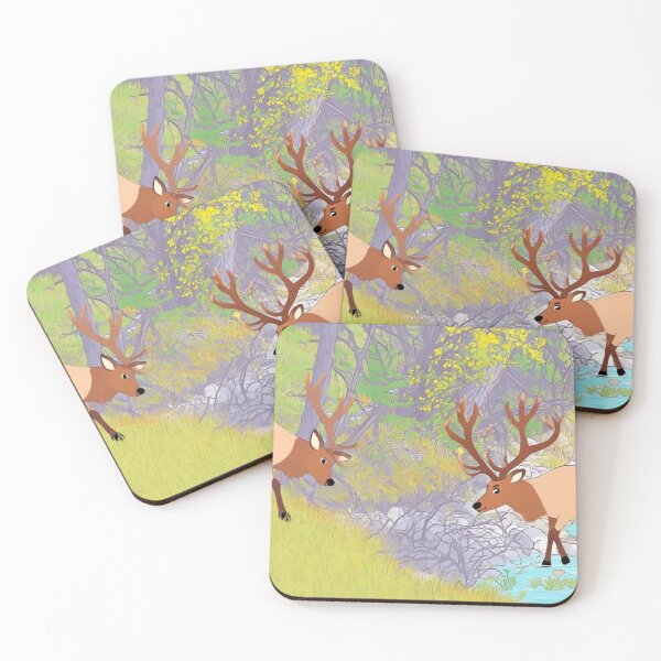 Item preview, Two Elks in Autumn River Forest - Nature Wildlife Illustration designed and sold by BLUESKY11a.