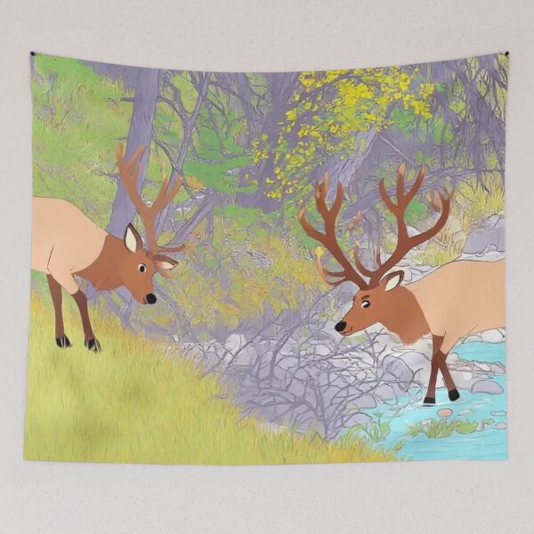 Item preview, Two Elks in Autumn River Forest - Nature Wildlife Illustration designed and sold by BLUESKY11a.