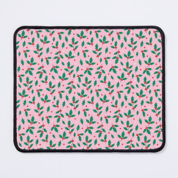 Item preview, green holly twigs, red berries and white snowflakes on pastel pink background. designed and sold by burbura.