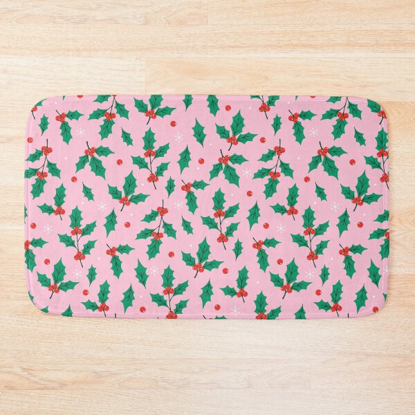 Item preview, green holly twigs, red berries and white snowflakes on pastel pink background.  designed and sold by burbura.