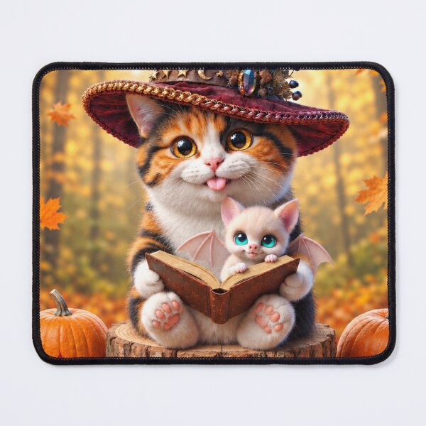 Item preview, Cute calico kitten witch with a tiny white bat reading a spellbook in an autumn pumpkin patch forest designed and sold by Mindworx21.