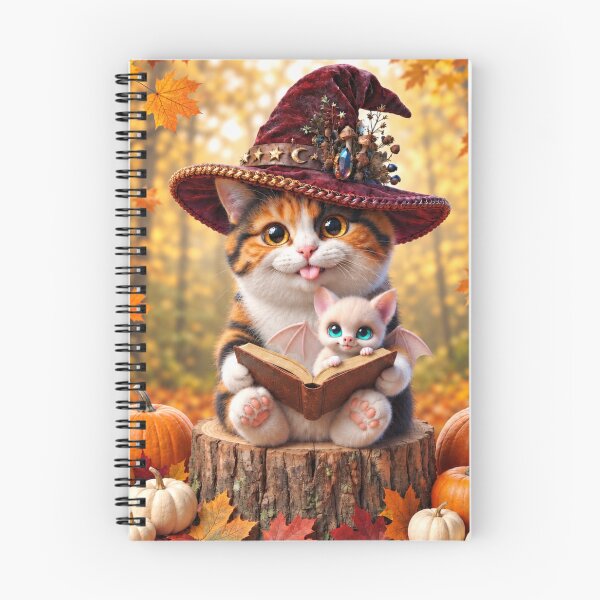 Item preview, Cute calico kitten witch with a tiny white bat reading a spellbook in an autumn pumpkin patch forest designed and sold by Mindworx21.