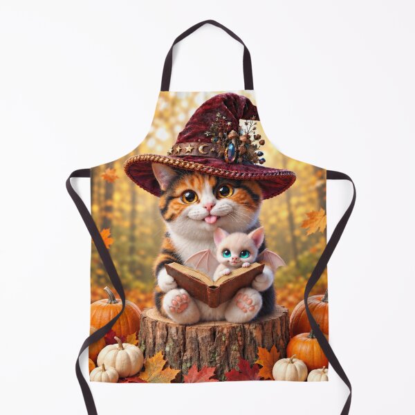 Item preview, Cute calico kitten witch with a tiny white bat reading a spellbook in an autumn pumpkin patch forest designed and sold by Mindworx21.