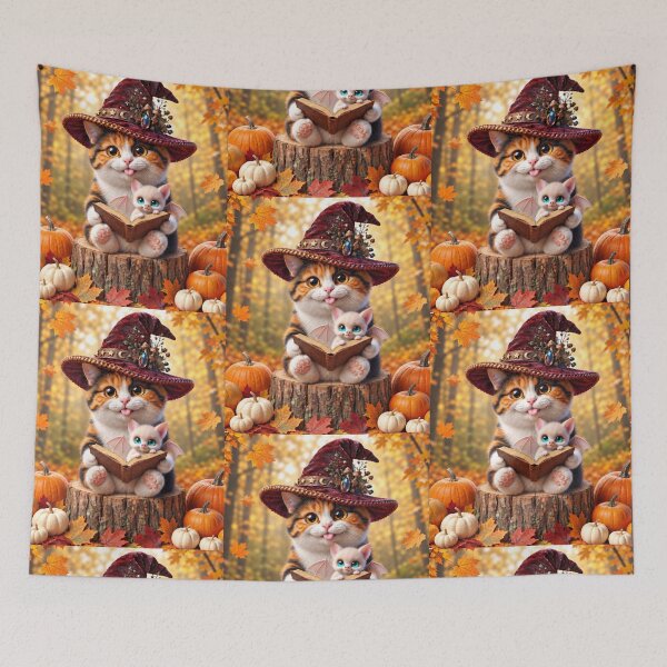 Item preview, Cute calico kitten witch with a tiny white bat reading a spellbook in an autumn pumpkin patch forest designed and sold by Mindworx21.