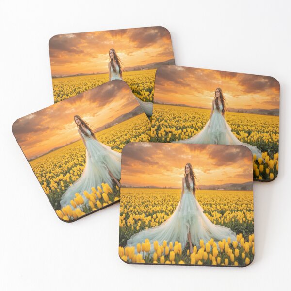 Item preview, Ethereal Woman in Mint Green Dress in Yellow Tulip Field Sunset Digital Art designed and sold by AfresStudio.