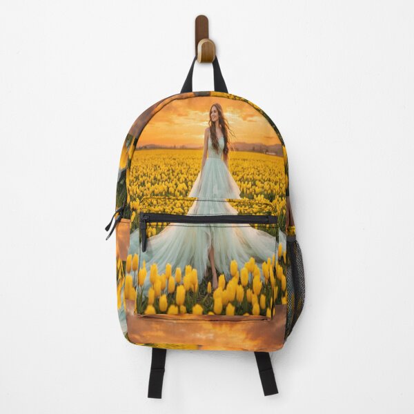 Item preview, Ethereal Woman in Mint Green Dress in Yellow Tulip Field Sunset Digital Art designed and sold by AfresStudio.