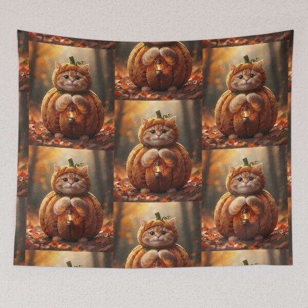 Item preview, Chonky orange tabby cat in a pumpkin costume holding a glowing lantern designed and sold by Mindworx21.