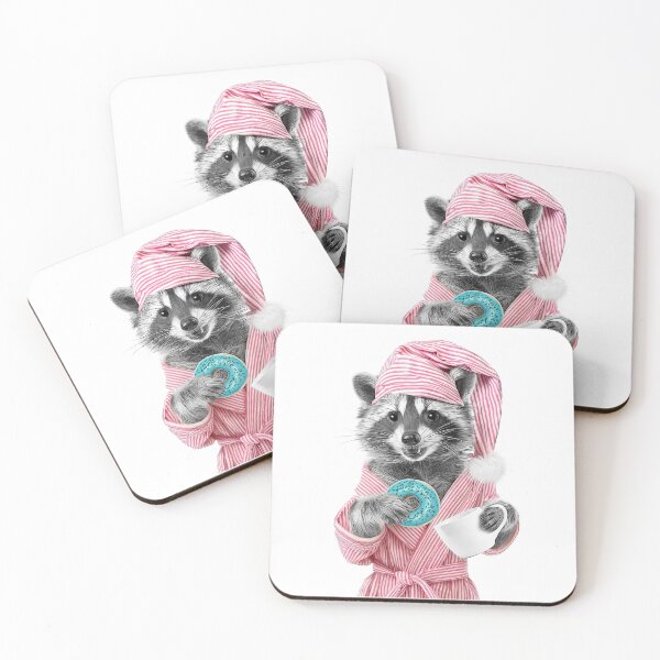 Item preview, Cozy Raccoon in Pink Bathrobe with Coffee and Cookie designed and sold by PLisasPets.