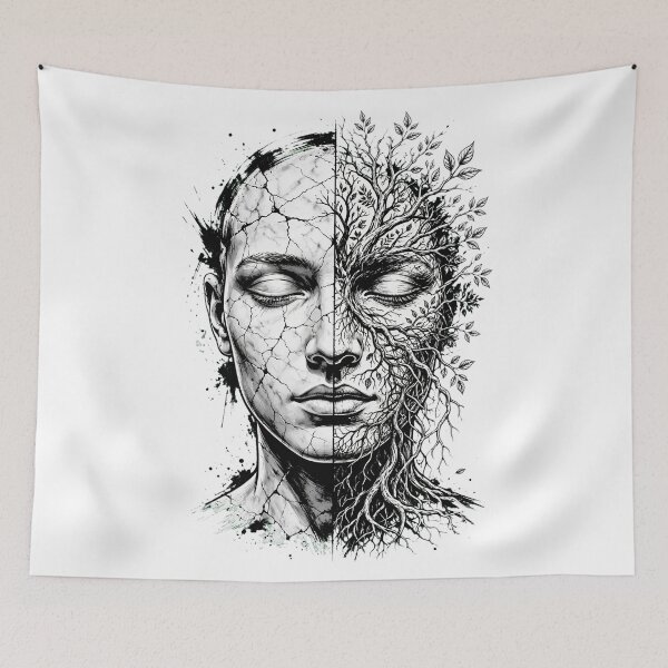 Item preview, Cracked Nature Kintsugi Tree Face Surreal Black and White Art designed and sold by  One City Two Children Studio.