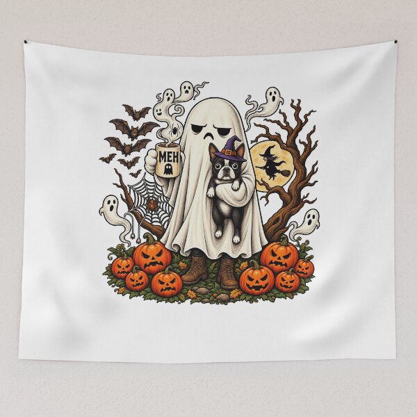 Item preview, Grumpy Ghost Holding Black Pug Dog Meh Coffee Cup Halloween  designed and sold by KristianNes.