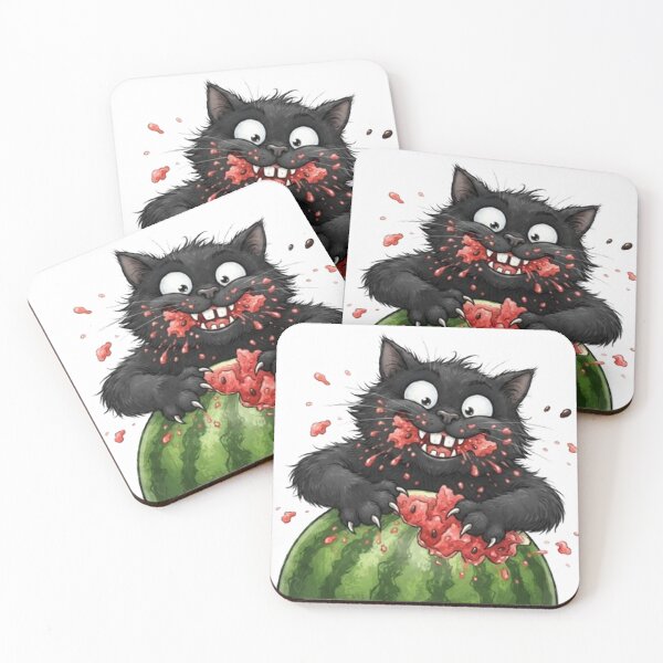 Item preview, Funny Black Cat Eating Watermelon Cute Messy Kitty Fruit Lover Illustration designed and sold by PetalsPaws.