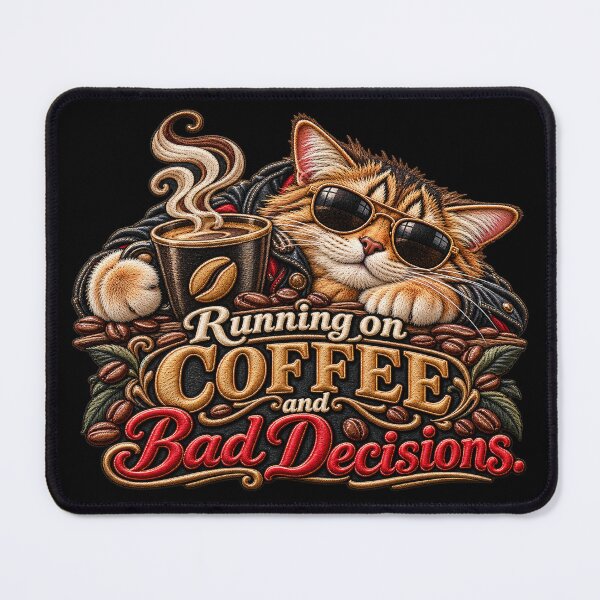 Item preview, Funny Coffee Cat – Running on Coffee and Bad Decisions Embroidered Design designed and sold by Emoji Emblems.