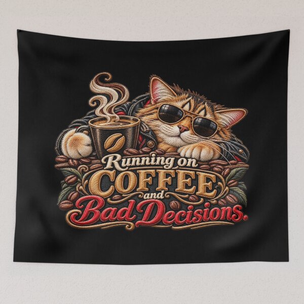 Item preview, Funny Coffee Cat – Running on Coffee and Bad Decisions Embroidered Design designed and sold by Emoji Emblems.
