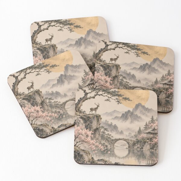 Item preview, Japandi Mountain Landscape Watercolour with Deer and Blossom designed and sold by Jozefin's Studio.