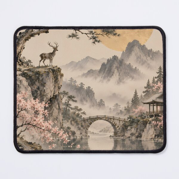 Item preview, Japandi Mountain Landscape Watercolour with Deer and Blossom designed and sold by Jozefin's Studio.