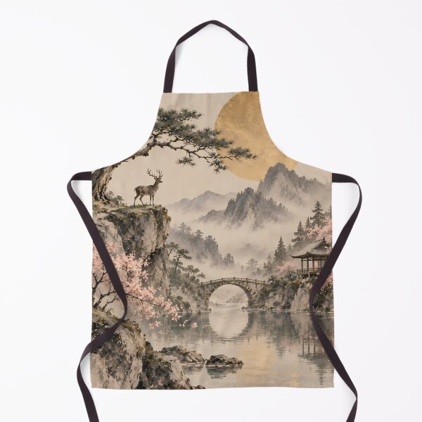 Item preview, Japandi Mountain Landscape Watercolour with Deer and Blossom designed and sold by Jozefin's Studio.