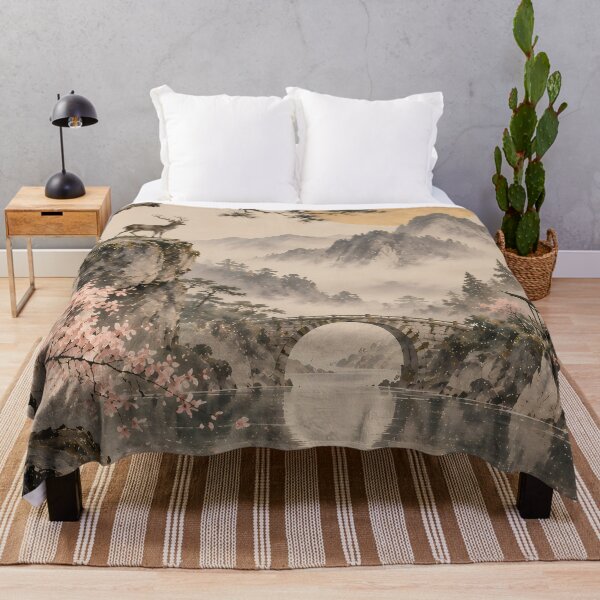 Item preview, Japandi Mountain Landscape Watercolour with Deer and Blossom designed and sold by Jozefin's Studio.