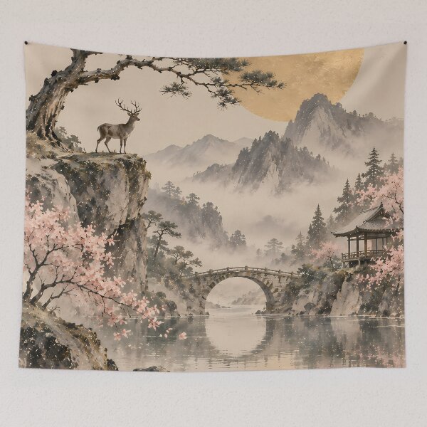 Item preview, Japandi Mountain Landscape Watercolour with Deer and Blossom designed and sold by Jozefin's Studio.