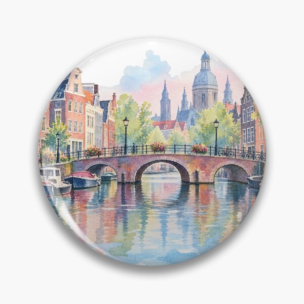 Item preview, Amsterdam canals, canal bridge, boats, watercolor designed and sold by LongIslandDesgn.