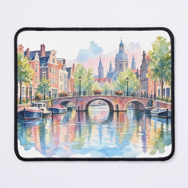 Item preview, Amsterdam canals, canal bridge, boats, watercolor designed and sold by LongIslandDesgn.