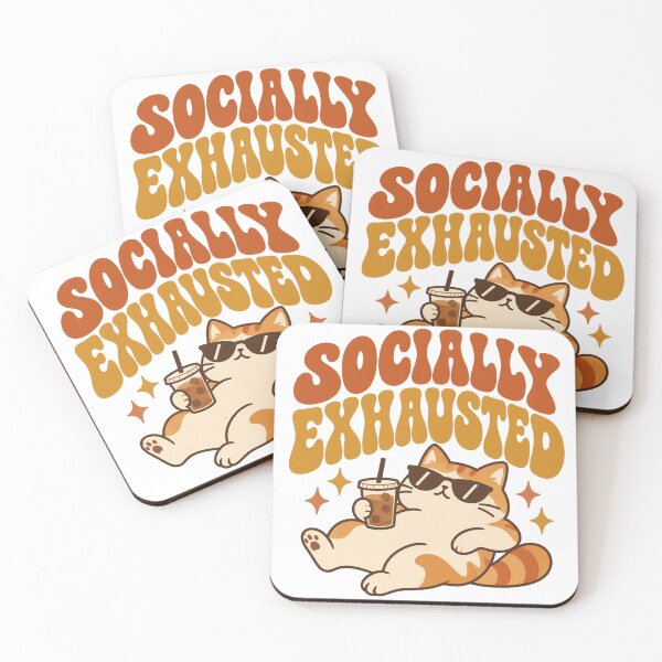 Item preview, Socially Exhausted - Funny Retro Introvert Cat & Iced Coffee designed and sold by Cozy Introvert Club.