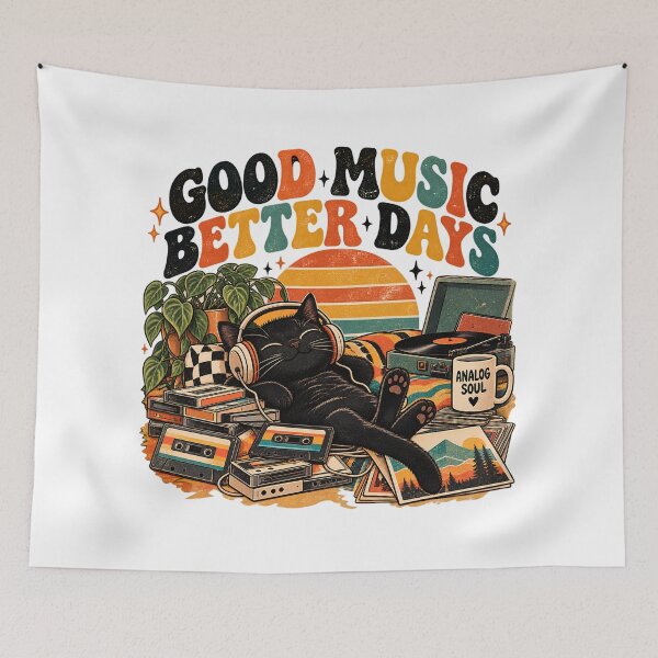 Item preview, Good Music Better Days Retro Cat designed and sold by MysticCanvasAi.