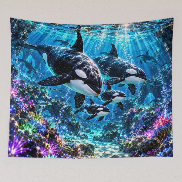 Item preview, Orca family in a luminous underwater paradise designed and sold by AnjaSarahArt.