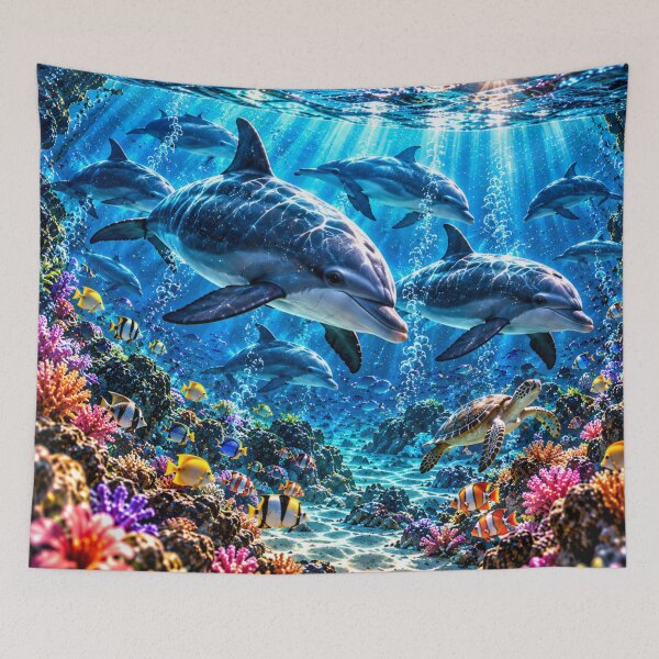 Item preview, Orca family in a turquoise coral reef designed and sold by AnjaSarahArt.