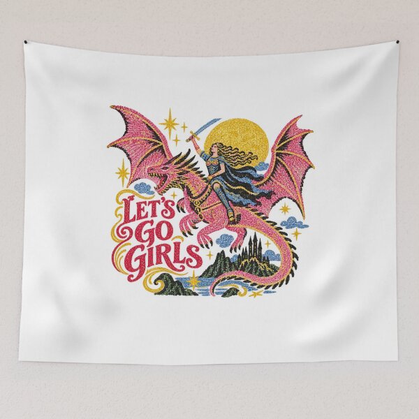 Item preview, Let's Go Girls Warrior Woman Medieval Fantasy Dragon Feminist Empowerment Reader Graphic Tee Female Sword Castle Slay designed and sold by CatiaStudioArt.