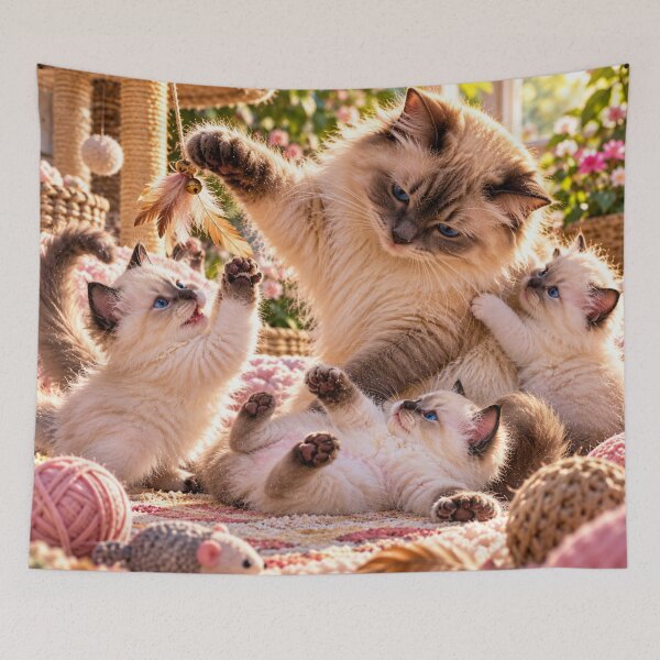 Item preview, Fluffy cat family with playful kittens designed and sold by AnjaSarahArt.